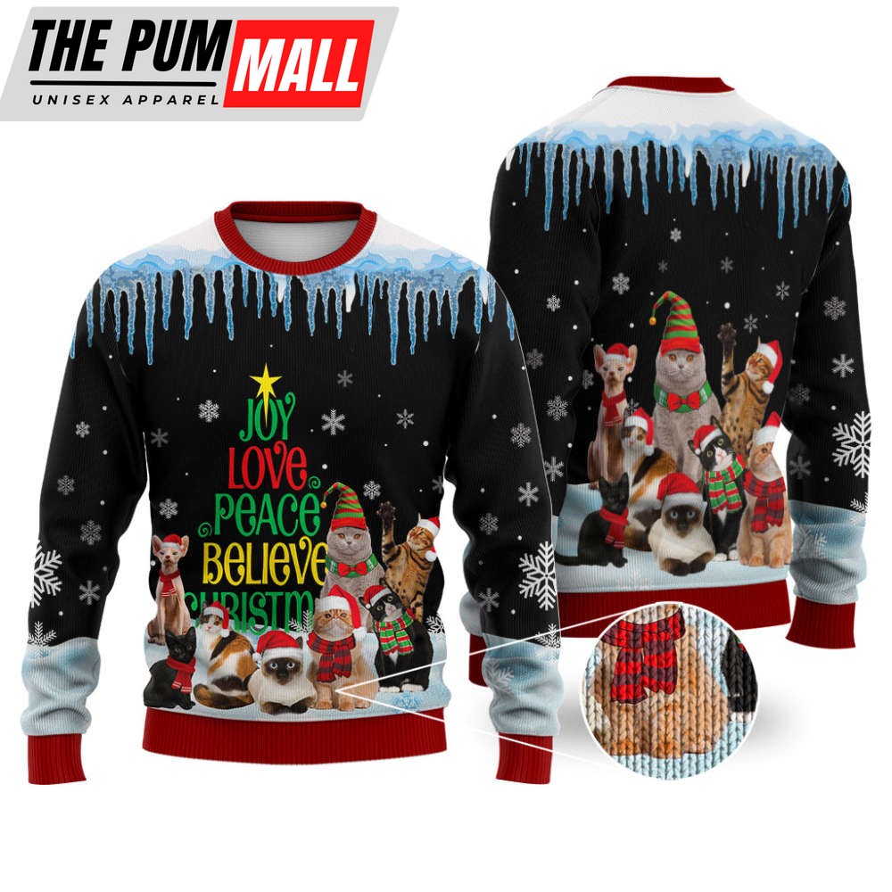Cat Joy Love Peace Believe Ugly Christmas Sweater, Best Gift For Christmas