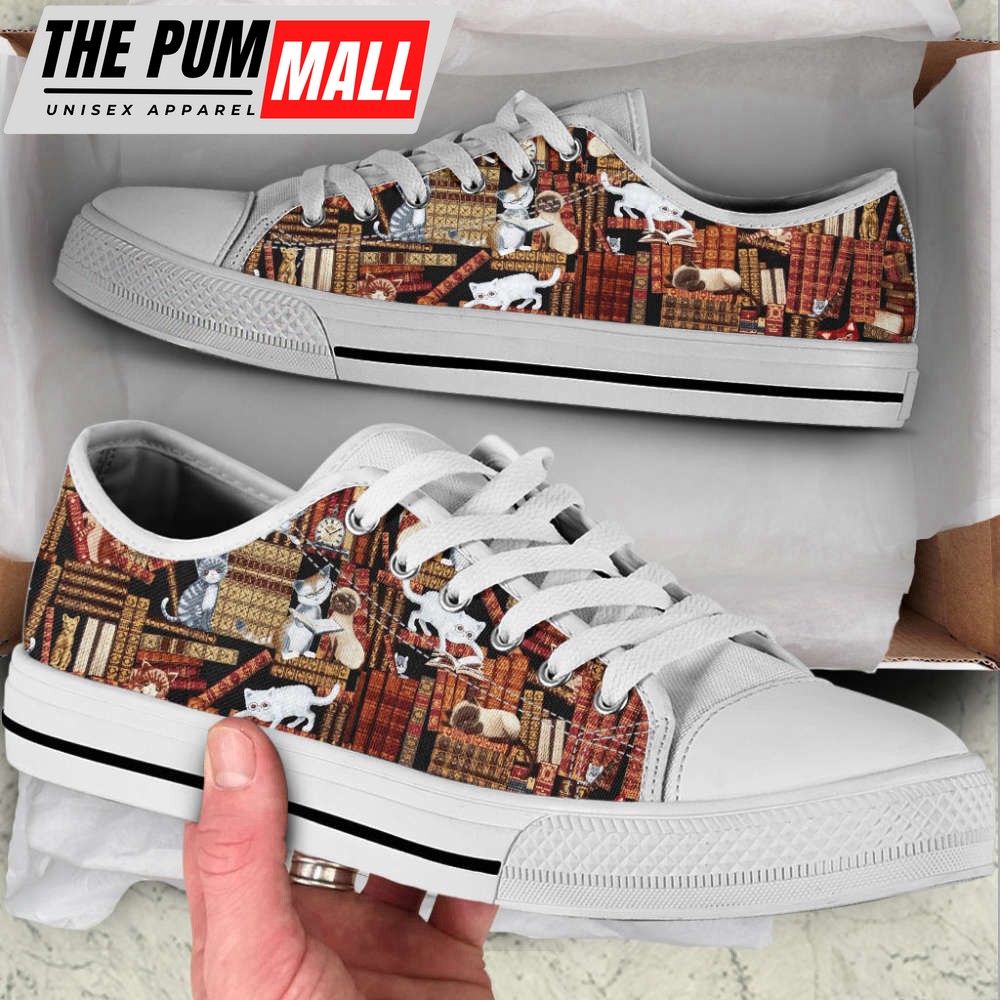 Cat Lover Shoes In The Library Low Top Shoes Canvas Shoes Print Lowtop