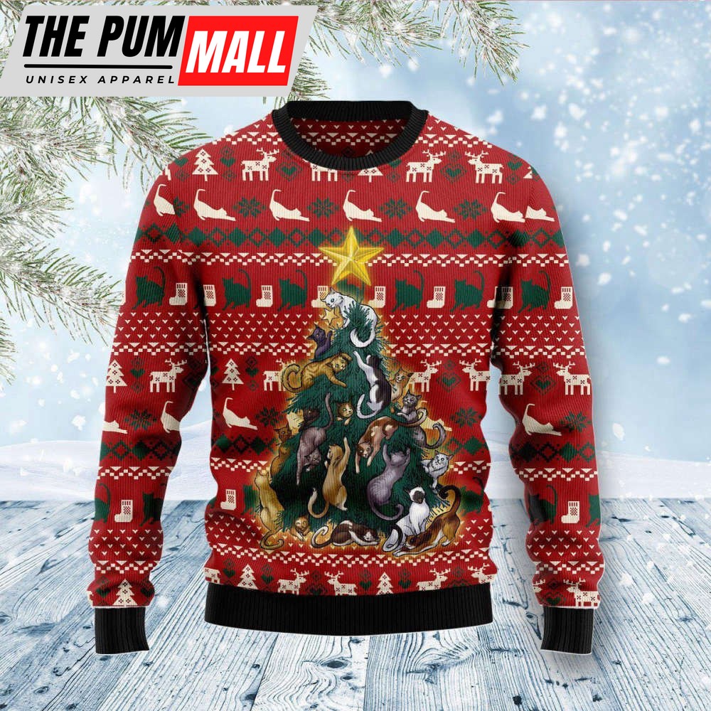 Cat Naughty Pine Ugly Christmas Sweater, Gift For Christmas, Unisex Crewneck Sweater