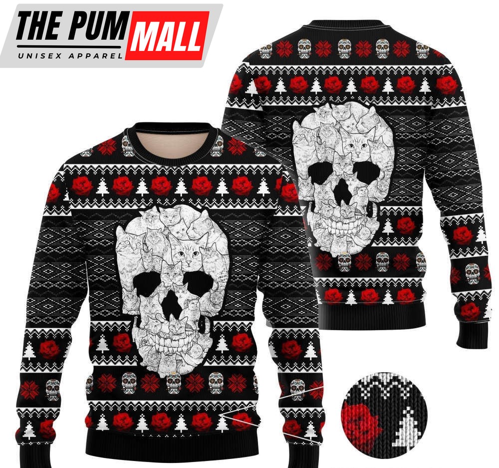 Cat Skull Ugly Christmas Sweater – 3D All Over Printed Sweater