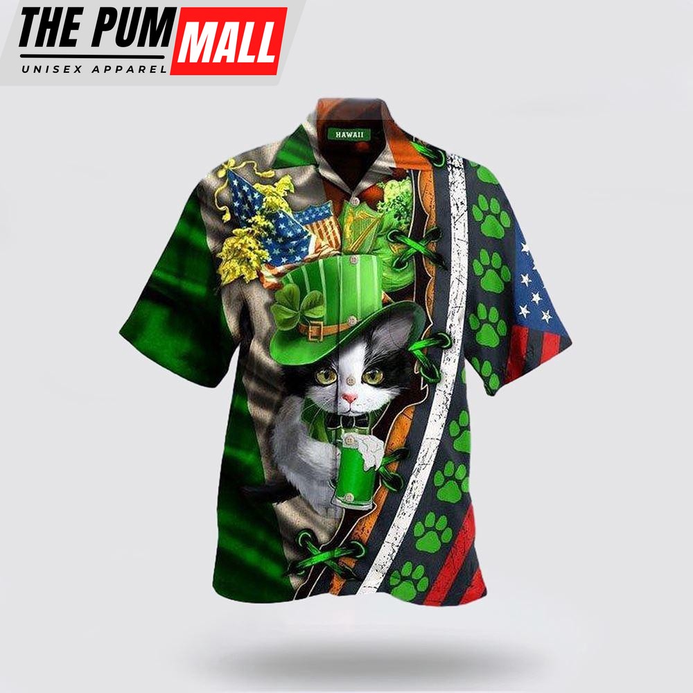 Cat St Patricks Day Shirts, Shamrock Hawaiian Shirt