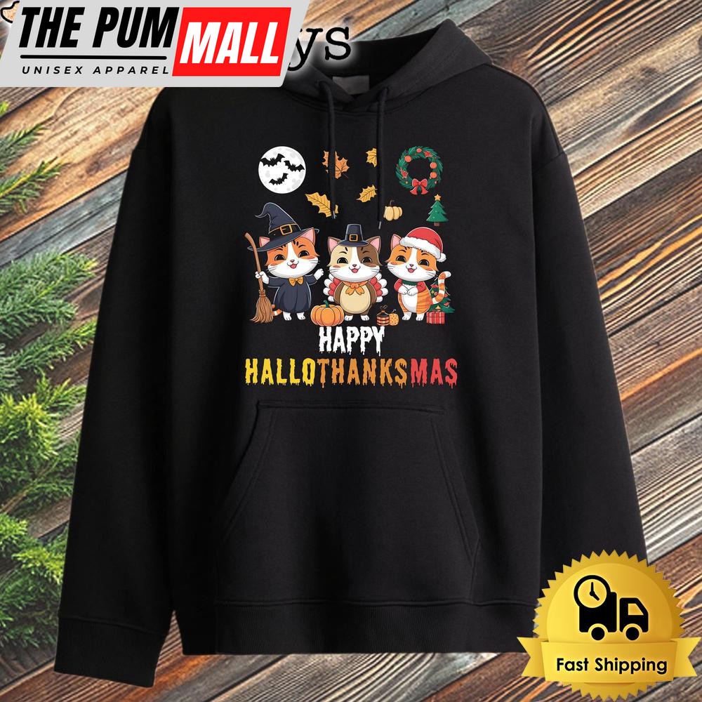 Cat Thanksgiving Christmas Halloween Happy Hallothanksmas Hoodie
