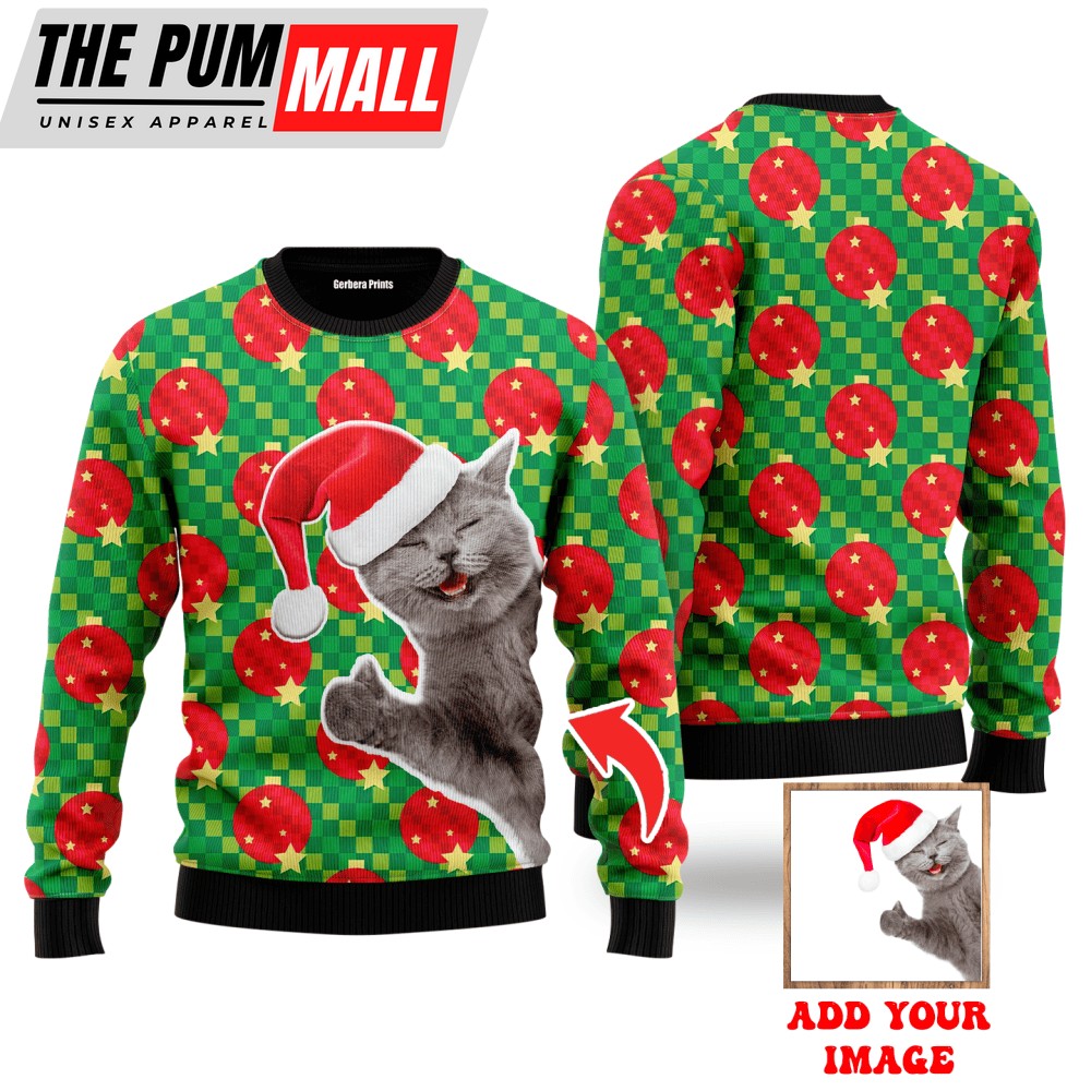 Cat With Red Hat And Christmas Ball Custom Christmas Sweaters For Men & Women