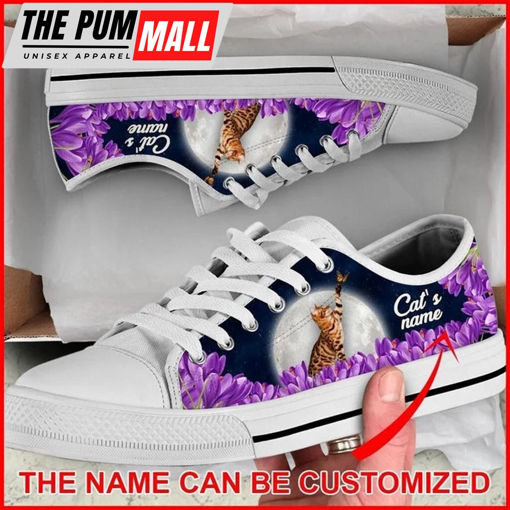 Cat’s Name Cat Purple Flower Personalized Canvas Low Top Shoes – Low Top Shoes Mens, Women