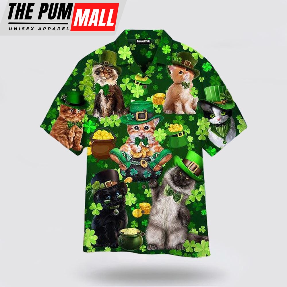 Cats Saint Patrick’s Day Hawaiian Shirt, St Patricks Day Shirts, Shamrock Hawaiian Shirt