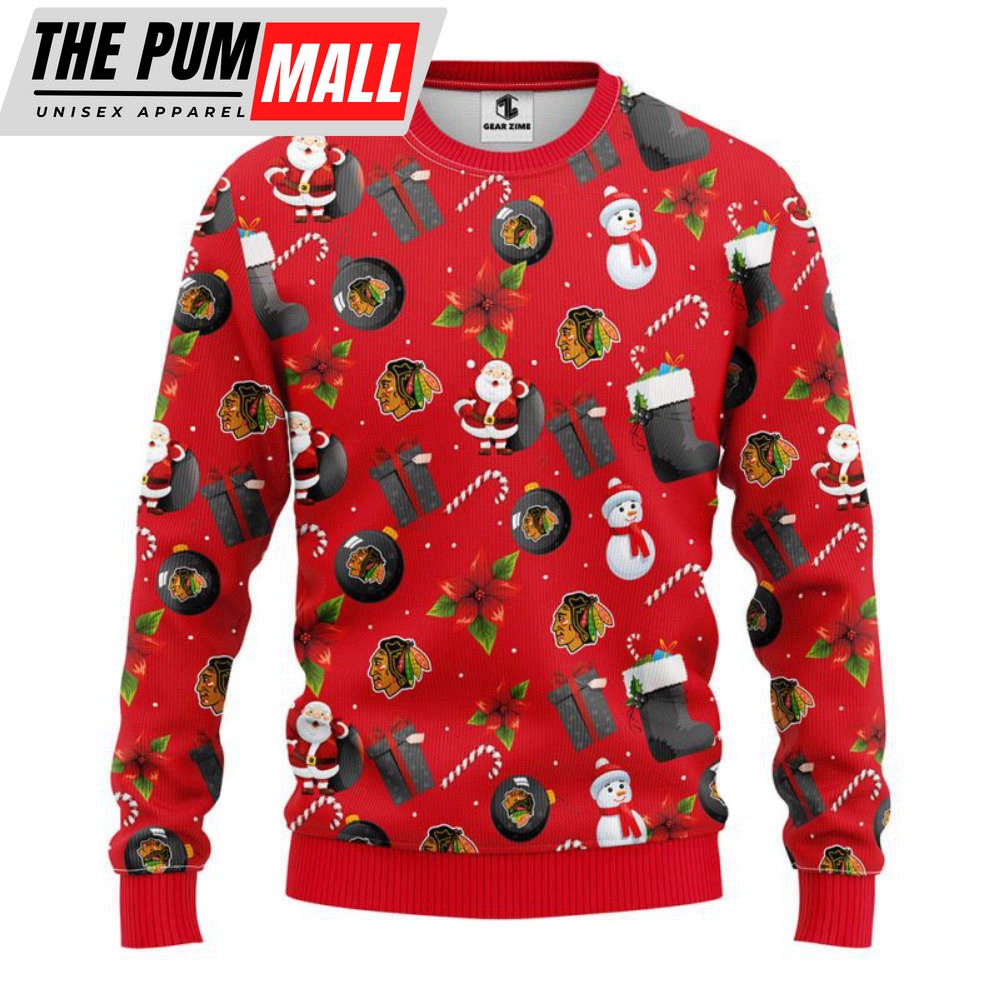Chicago Blackhawks Santa Claus Snowman Christmas Ugly Sweater, Gift For Christmas