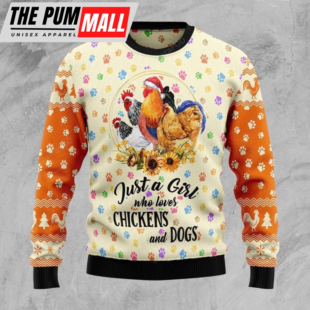 Chickens & Dogs Ugly Christmas Sweater: 3D All-Over Printed Fun for Girls Who Love Animals