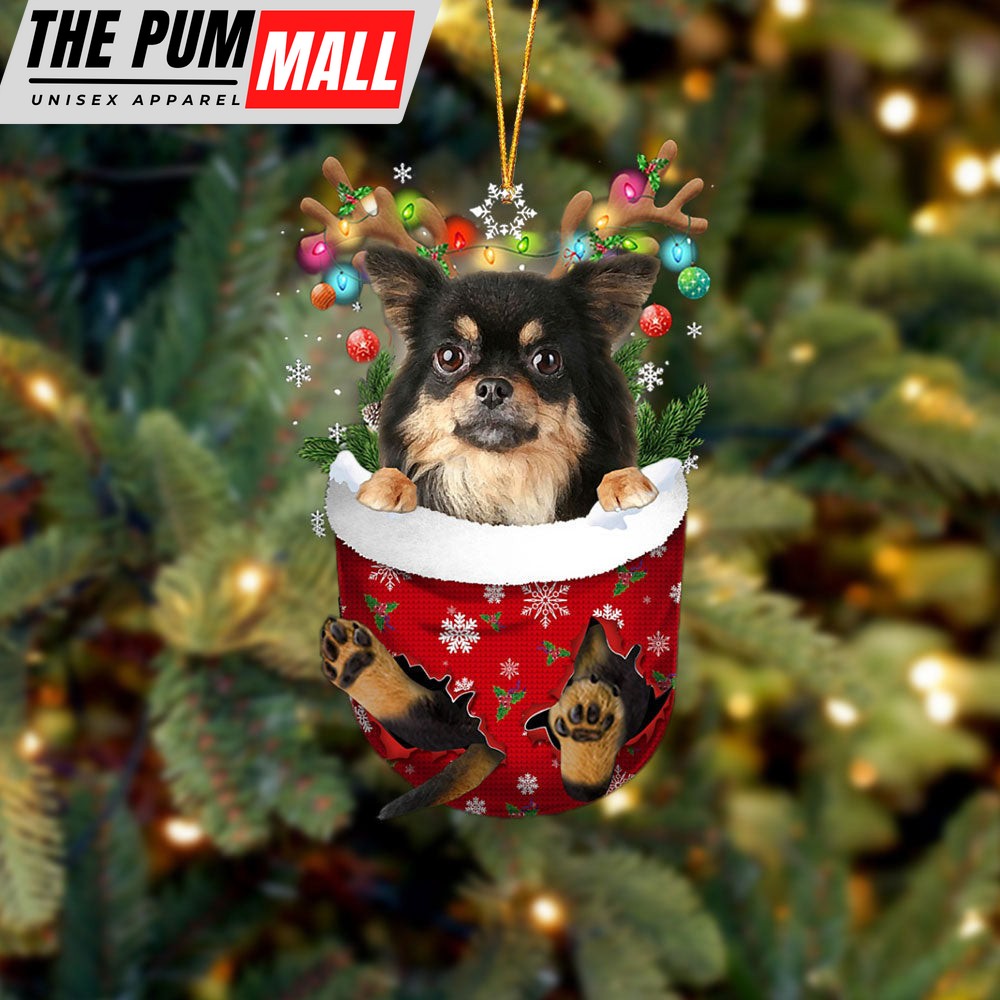Chihuahua Long Haired In Snow Pocket Christmas Ornament – Two Sided Christmas Plastic Hanging Limited Edition