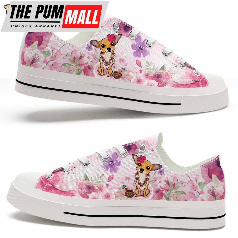 Chihuahua Wear Flowers Pink Low Top Shoes – Happy International Dog Day Canvas Sneaker – Owners Gift Dog Breeders