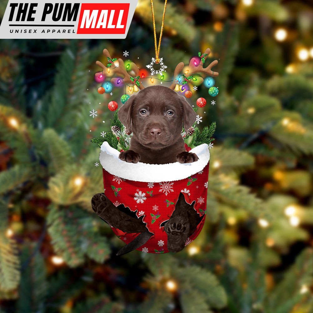 Chocolate Labrador In Snow Pocket Christmas Ornament – Two Sided Christmas Plastic Hanging Limited Edition