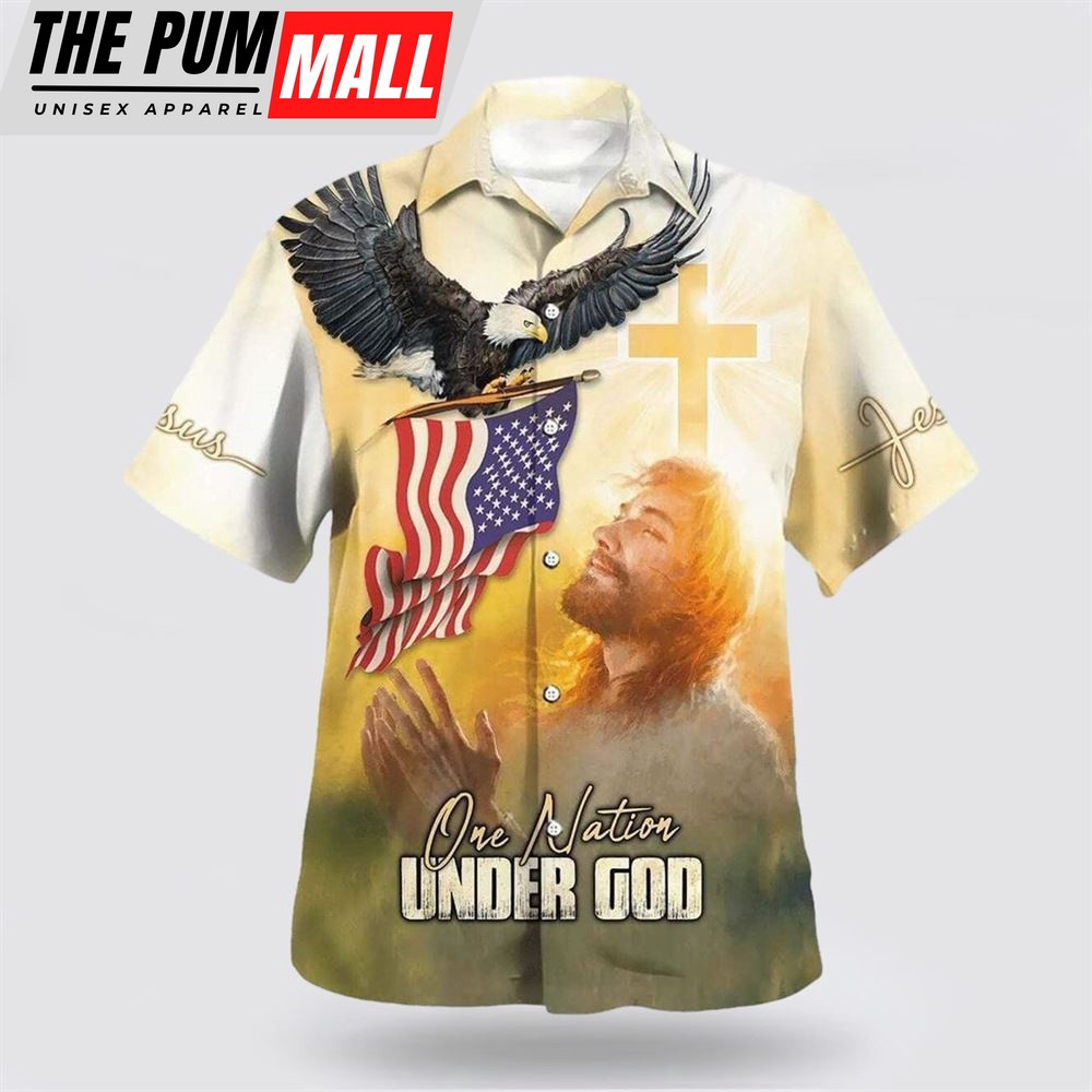 Christian Hawaiian Shirt, 4th Of July Eagle Jesus America One Nation Under God Hawaiian Shirt, Religion Hawaiian Shirt