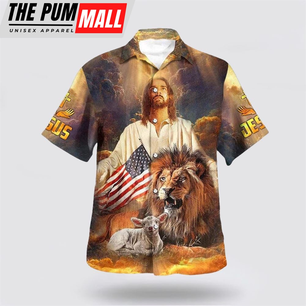Christian Hawaiian Shirt, 4th Of July Jesus Lion And The Lamb Christian US Flag Hawaiian Shirt, Religion Hawaiian Shirt