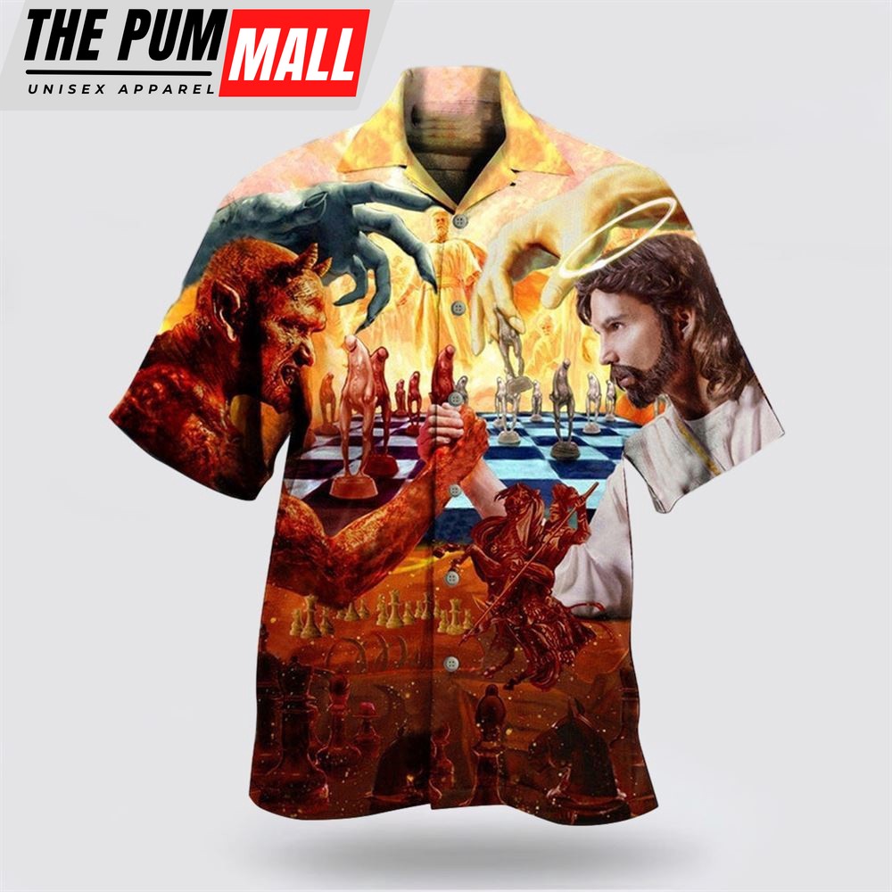 Christian Hawaiian Shirt, Chess Battle Satan Jesus Cool Style Hawaiian Shirt, Religion Hawaiian Shirt