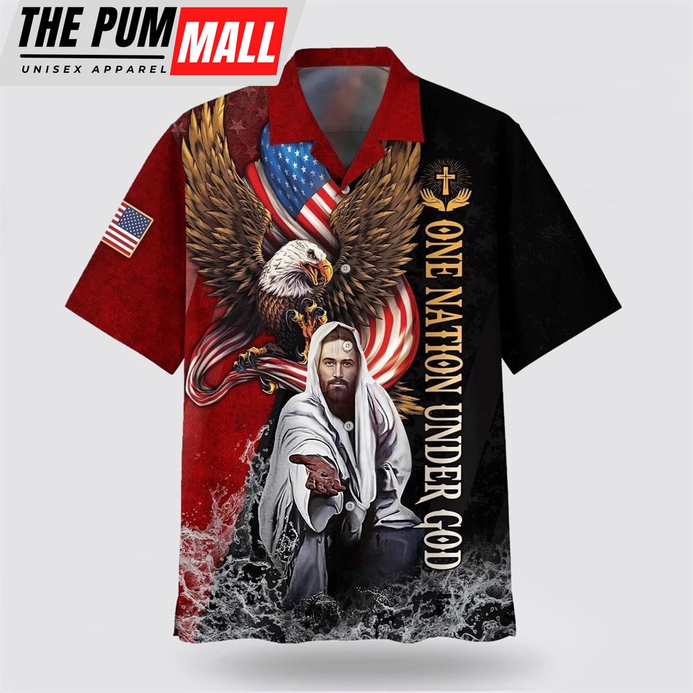 Christian Hawaiian Shirt, Eagle Jesus Reaching Hand America One Nation Under God Hawaiian Shirt, Religion Hawaiian Shirt