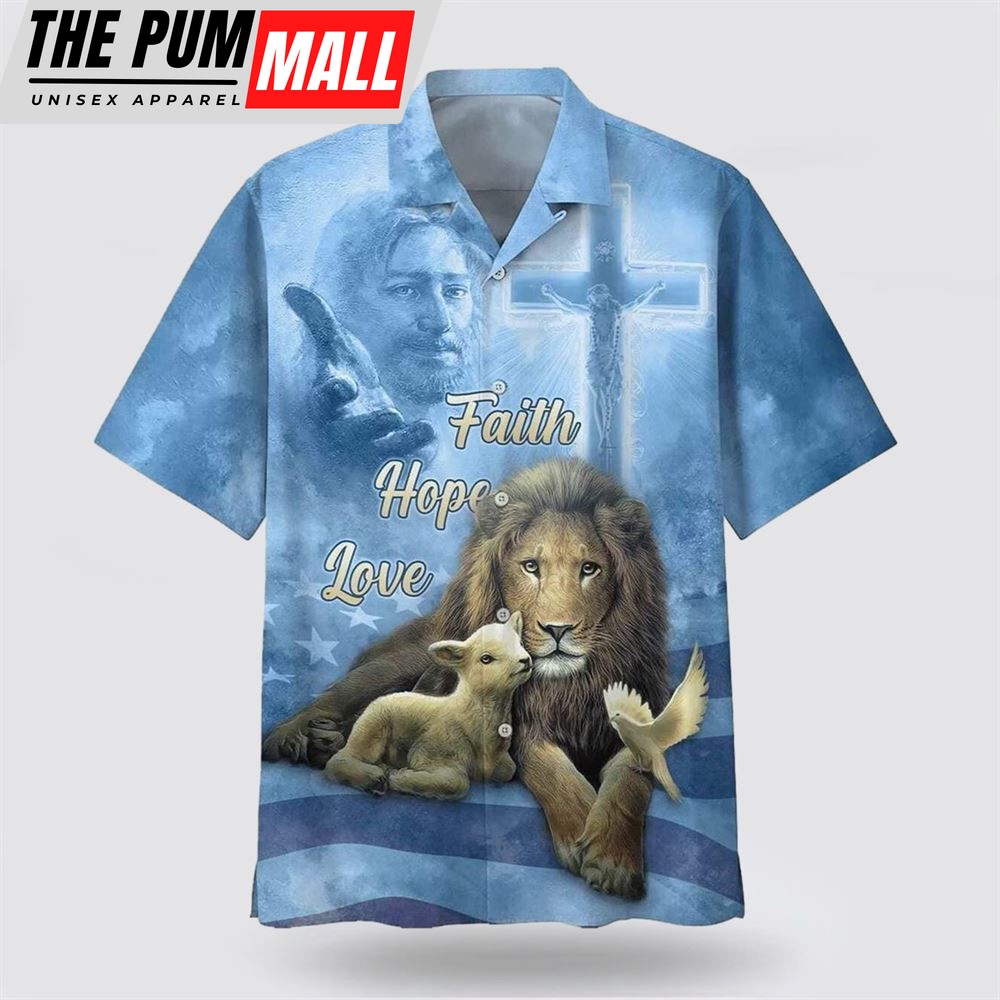 Christian Hawaiian Shirt, Faith Hope Love Jesus Lion And The Lamb Hawaiian Shirt, Religion Hawaiian Shirt