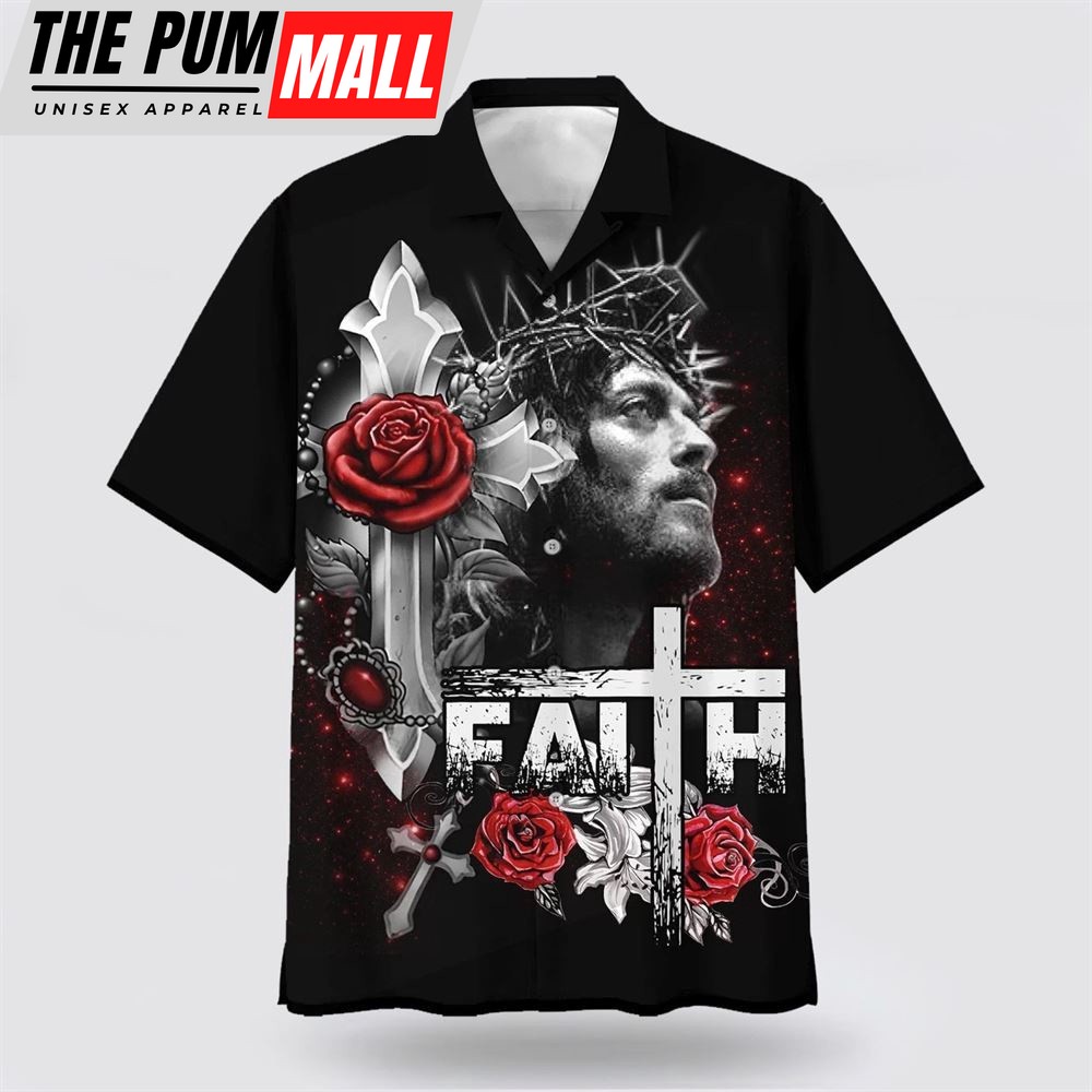 Christian Hawaiian Shirt, Faith Over Fear Cross With Red Roses Hawaiian Shirt, Religion Hawaiian Shirt