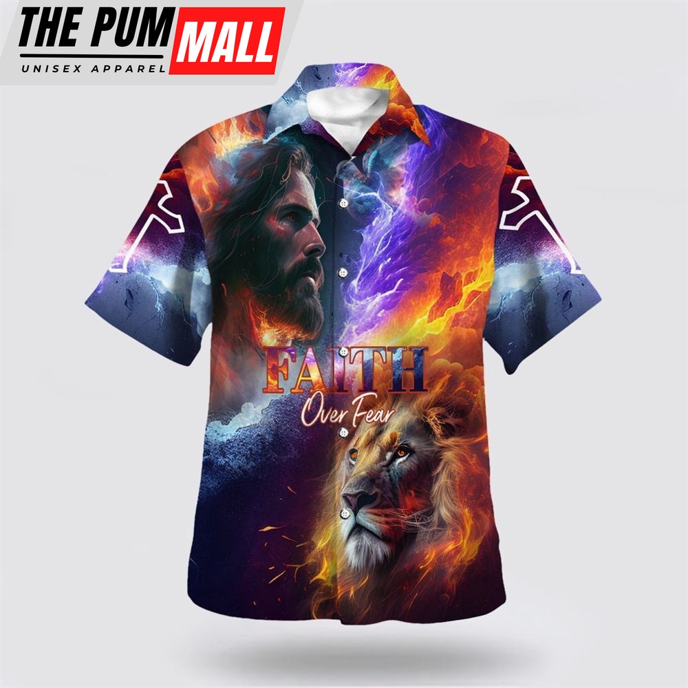 Christian Hawaiian Shirt, Faith Over Fear Hawaiian Shirt, Jesus Lion Of Judah Hawaiian Shirts For Men, Religion Hawaiian Shirt