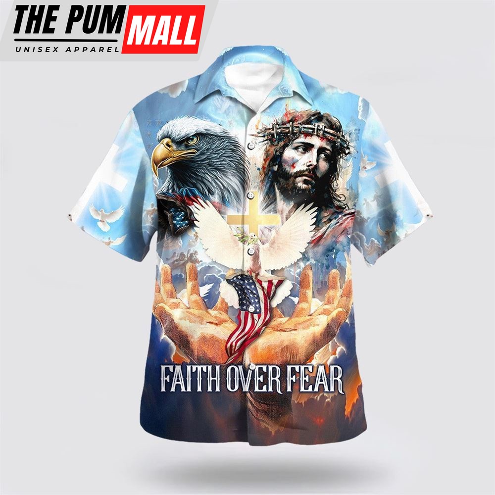 Christian Hawaiian Shirt, Faith Over Fear Jesus Face Eagle Hawaiian Shirt, Religion Hawaiian Shirt