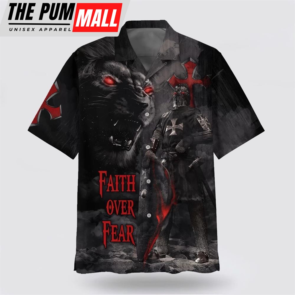 Christian Hawaiian Shirt, Faith Over Fear Warrior Of Christ Lion Cross Hawaiian Shirt, Religion Hawaiian Shirt