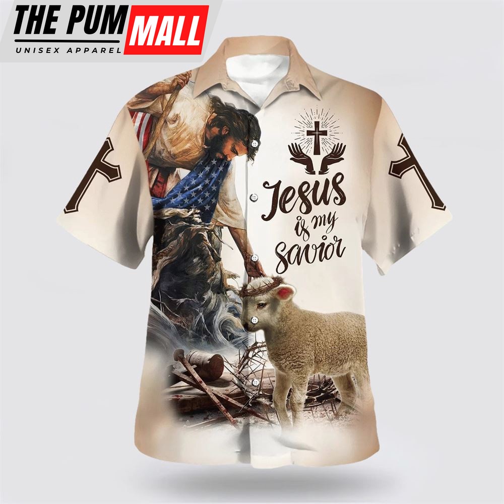 Christian Hawaiian Shirt, God Lamb Crown Of Thorn Jesus Is My Savior Hawaiian Shirt, Religion Hawaiian Shirt