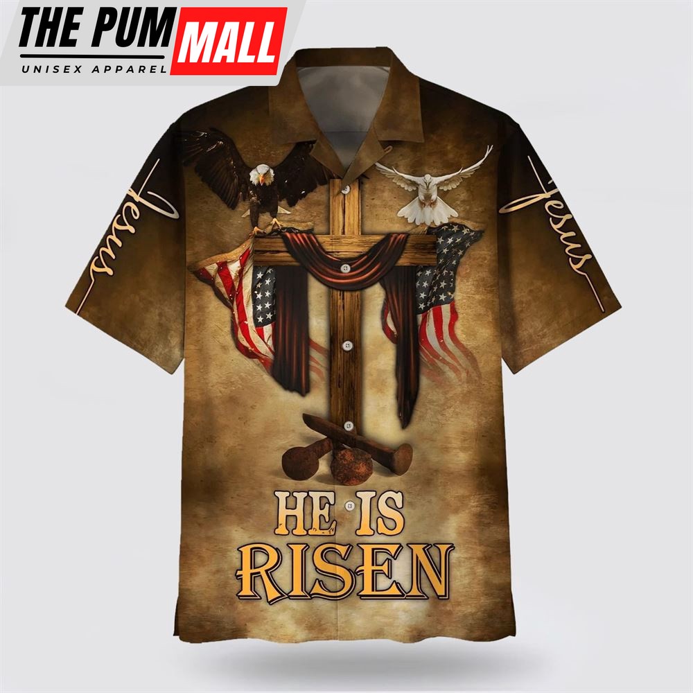 Christian Hawaiian Shirt, He Is Risen Eagle Cross Hawaiian Shirt, Religion Hawaiian Shirt