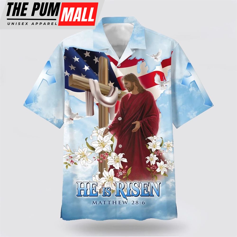 Christian Hawaiian Shirt, He Is Risen Jesus Cross With Lilies Hawaiian Shirt, Religion Hawaiian Shirt