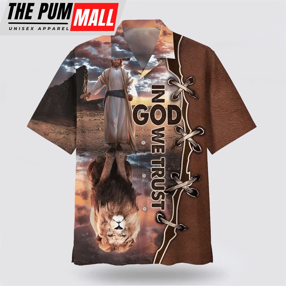 Christian Hawaiian Shirt, In God We Trust Jesus And Lion Hawaiian Shirt, Religion Hawaiian Shirt