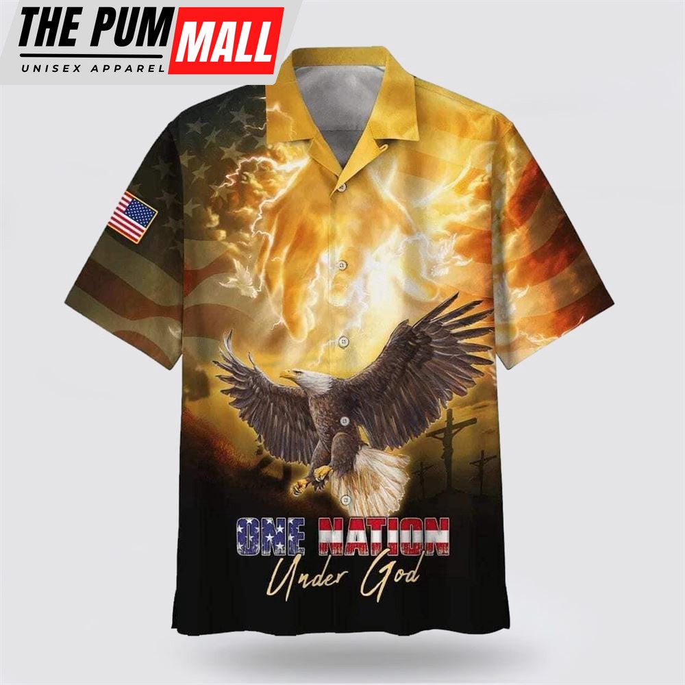 Christian Hawaiian Shirt, Independence Day American Flag One Nation Under God Eagle Christian Faith Hawaiian Shirt