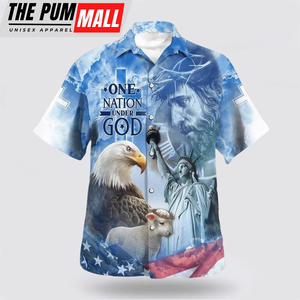 Christian Hawaiian Shirt, Independence Day Jesus And Eagle One Nation Under God Hawaiian Shirt, Religion Hawaiian Shirt