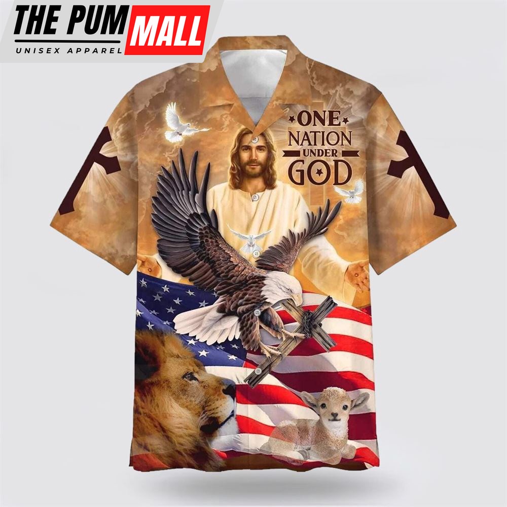 Christian Hawaiian Shirt, Independence Day US Flag One Nation Under God Jesus And Lion Eagle American Christian Faith Hawaiian Shirt