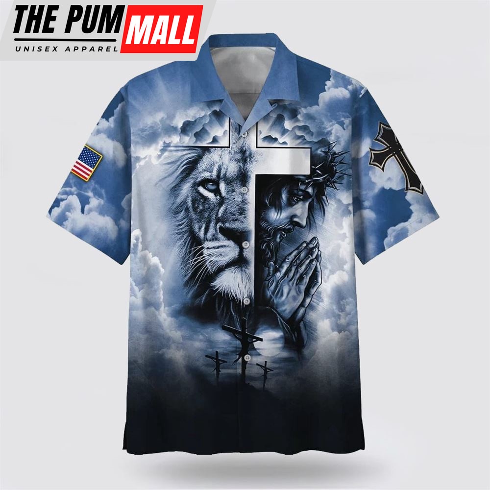 Christian Hawaiian Shirt, Jesus And Cross Lion Pray Hawaiian Shirt, Religion Hawaiian Shirt