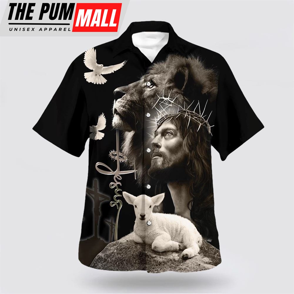 Christian Hawaiian Shirt, Jesus And Lion And Sheep Hawaiian Shirt, Religion Hawaiian Shirt