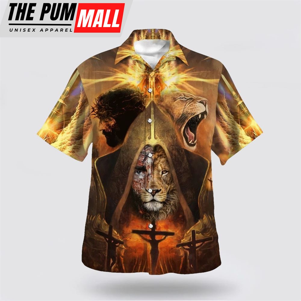 Christian Hawaiian Shirt, Jesus And Lion Of Judah Hawaiian Shirts For Men, Religion Hawaiian Shirt