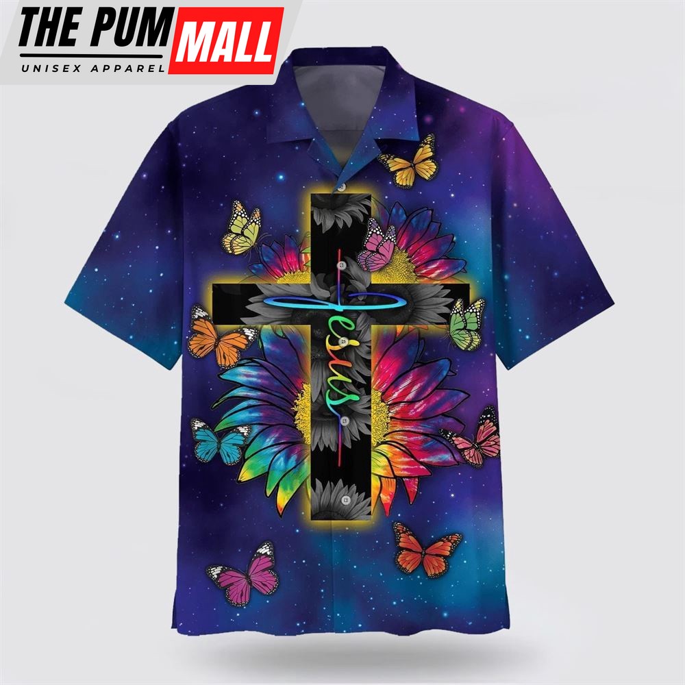 Christian Hawaiian Shirt, Jesus Butterfly Sunflower Hawaiian Shirt, Religion Hawaiian Shirt