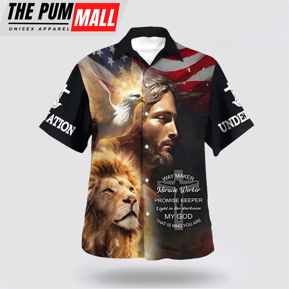 Christian Hawaiian Shirt, Jesus Christ Lion Way Maker Miracle Worker Hawaiian Shirts For Men, Religion Hawaiian Shirt