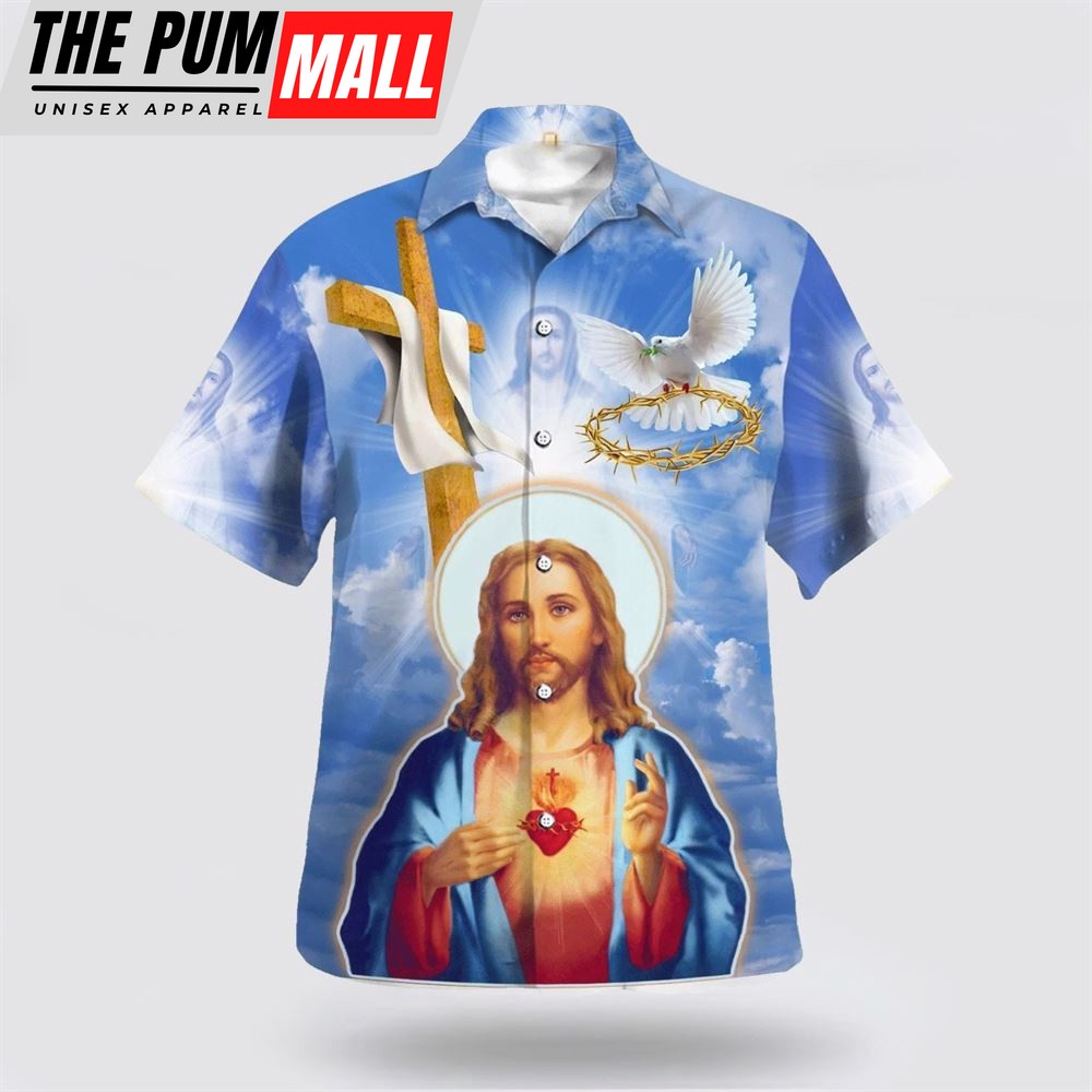 Christian Hawaiian Shirt, Jesus Christ Sacred Heart Pigeon Hawaiian Shirt, Religion Hawaiian Shirt
