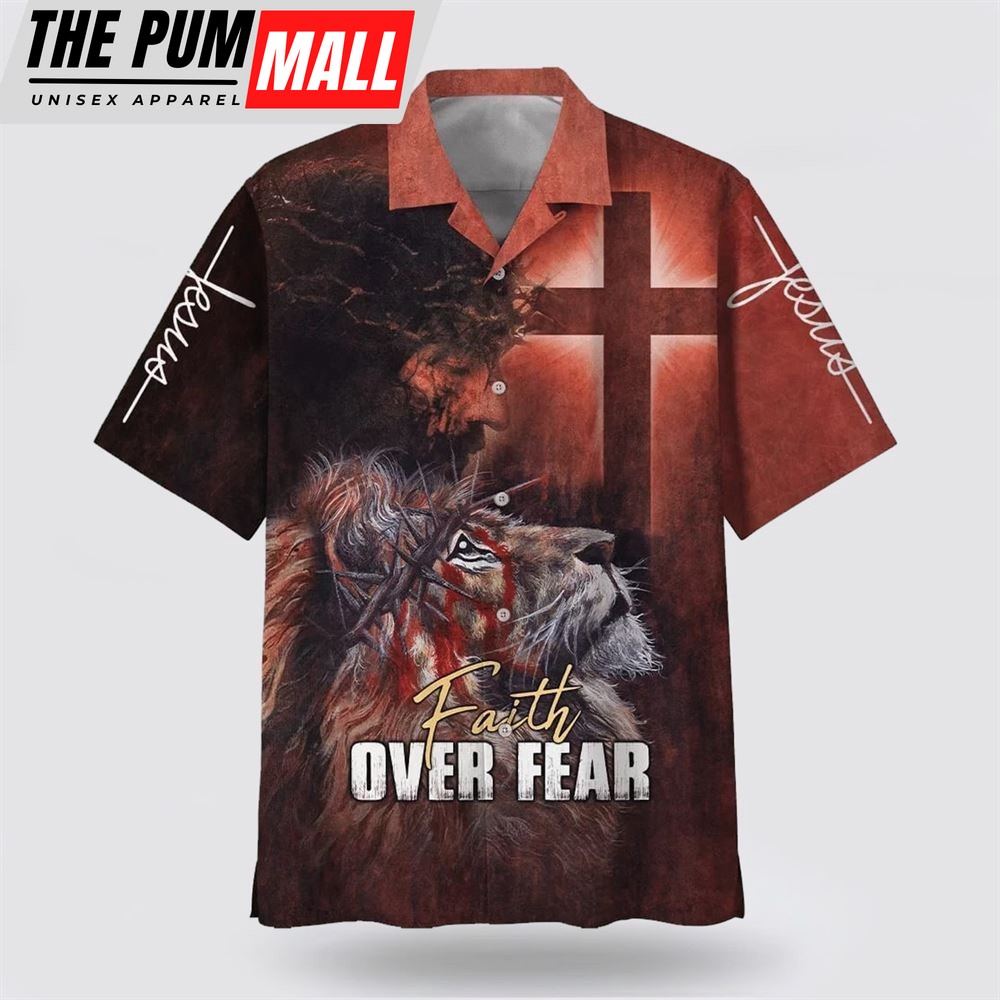 Christian Hawaiian Shirt, Jesus Faith Over Fear Lion Cross Hawaiian Shirt, Christian Clothing Hawaii
