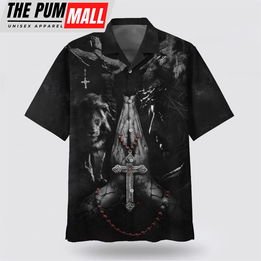 Christian Hawaiian Shirt, Jesus Hands Praying Lion Hawaiian Shirts, Christian Clothing Hawaii