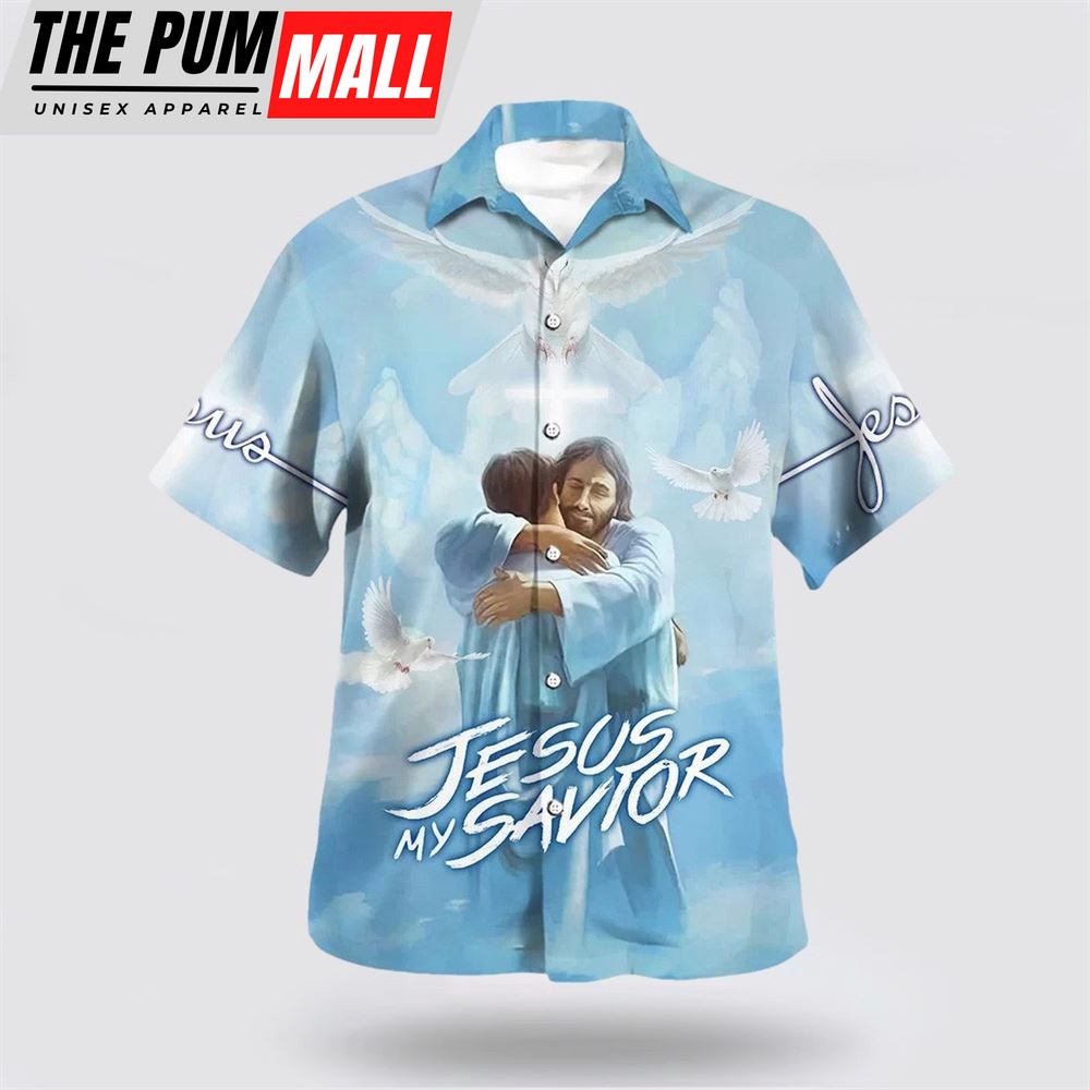 Christian Hawaiian Shirt, Jesus Is My Savior Hawaiian Shirt, Jesus Hugging Man Hawaiian Shirts, Christian Clothing Hawaii