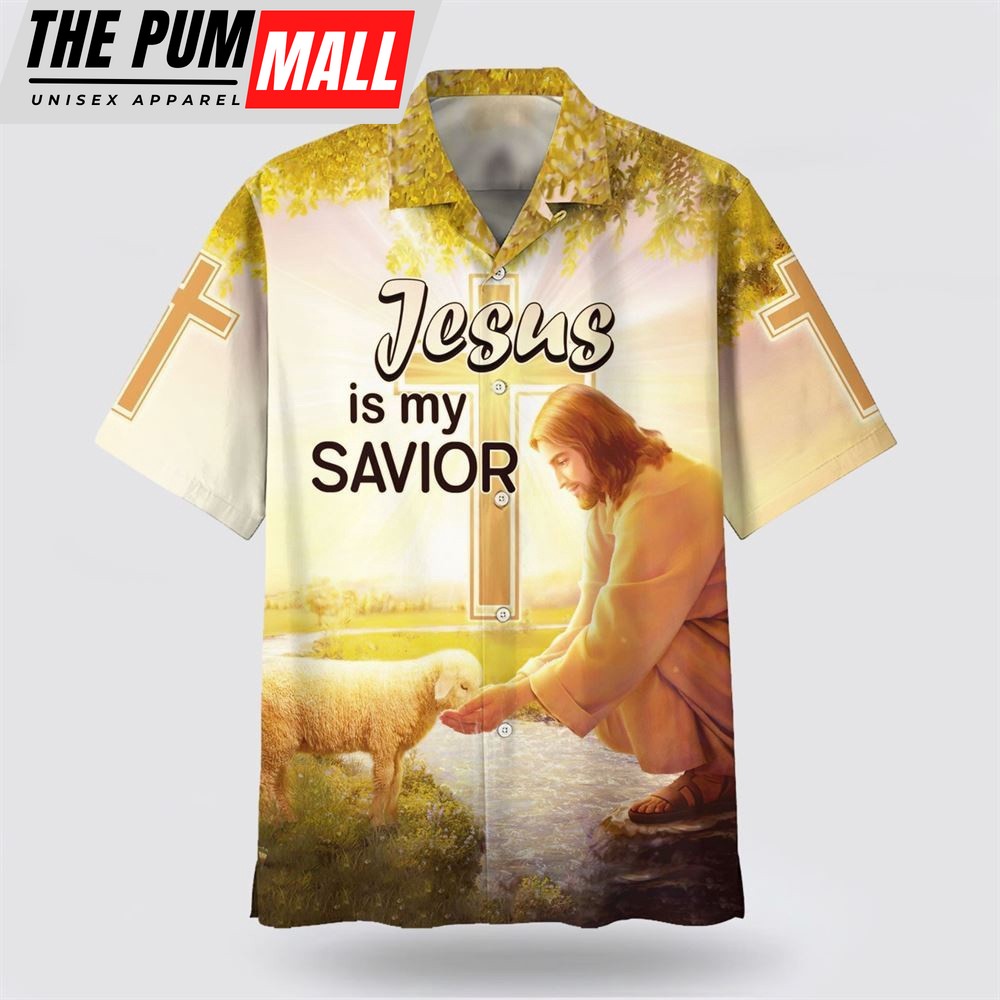 Christian Hawaiian Shirt, Jesus Is My Savior Hawaiian Shirt, Jesus Lamb Drinking Water Hawaiian Shirts, Christian Clothing Hawaii