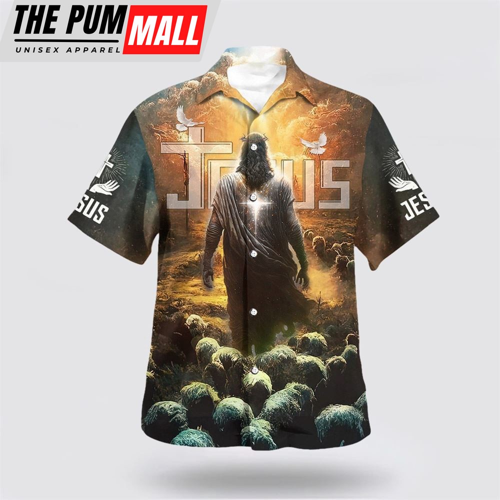 Christian Hawaiian Shirt, Jesus Leading Sheep Hawaiian Shirts, Christian Clothing Hawaii