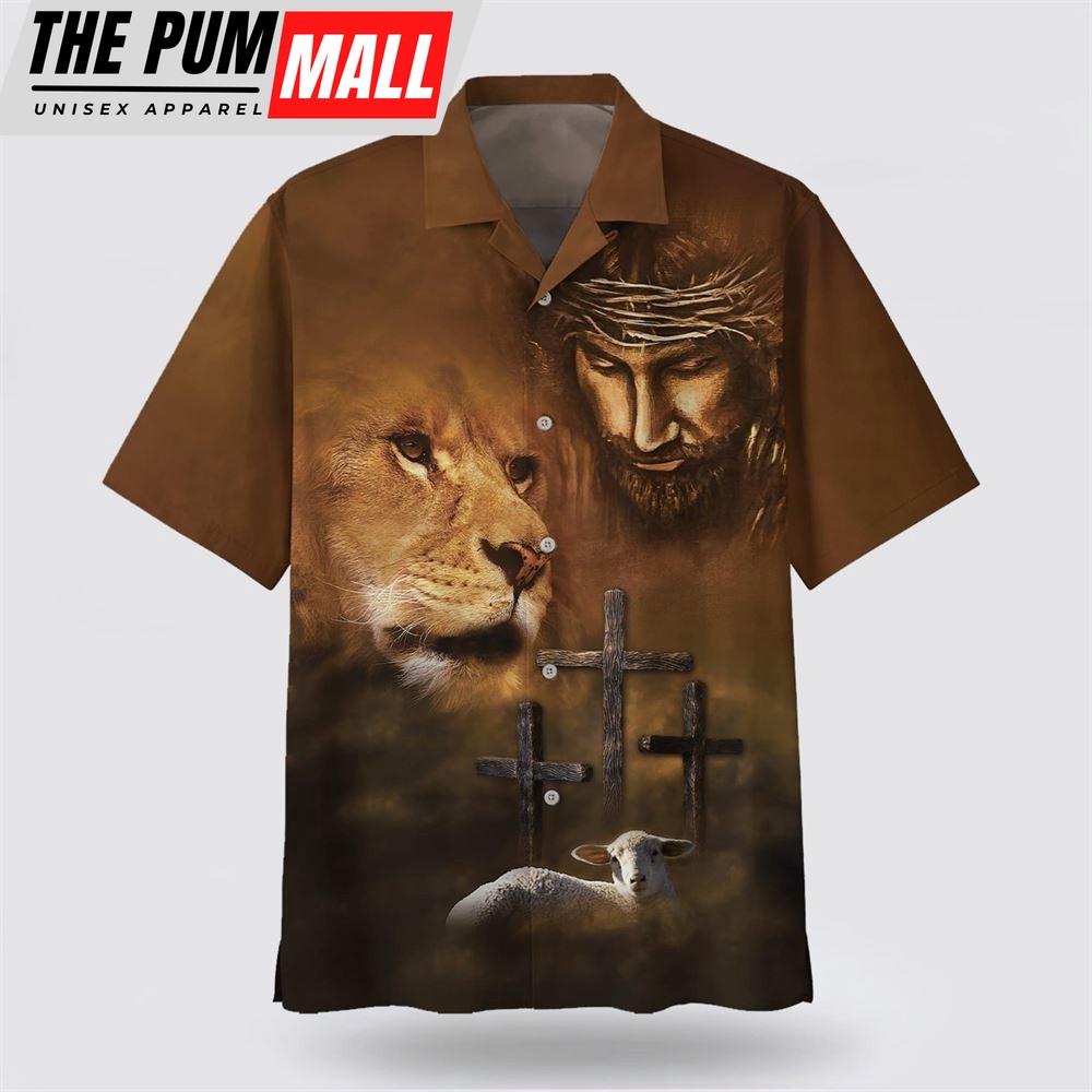 Christian Hawaiian Shirt, Jesus Lion And The Lamb Three Cross Hawaiian Shirts, Christian Clothing Hawaii