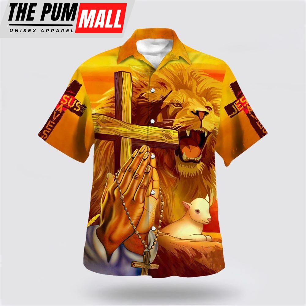 Christian Hawaiian Shirt, Jesus Lion Cross Faith Over Fear Hawaiian Shirt, Christian Clothing Hawaii