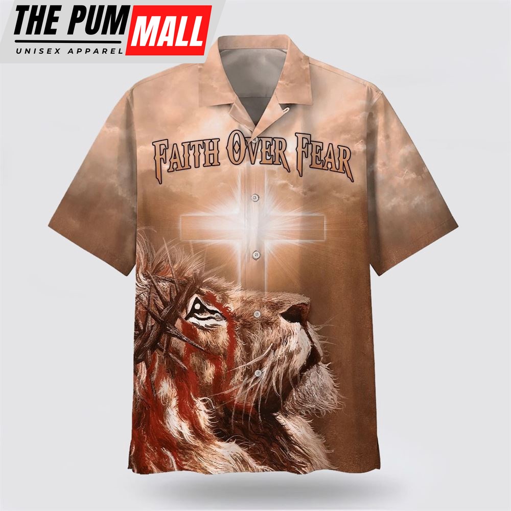 Christian Hawaiian Shirt, Jesus Lion Cross Flag Faith Over Fear Hawaiian Shirt, Christian Clothing Hawaii