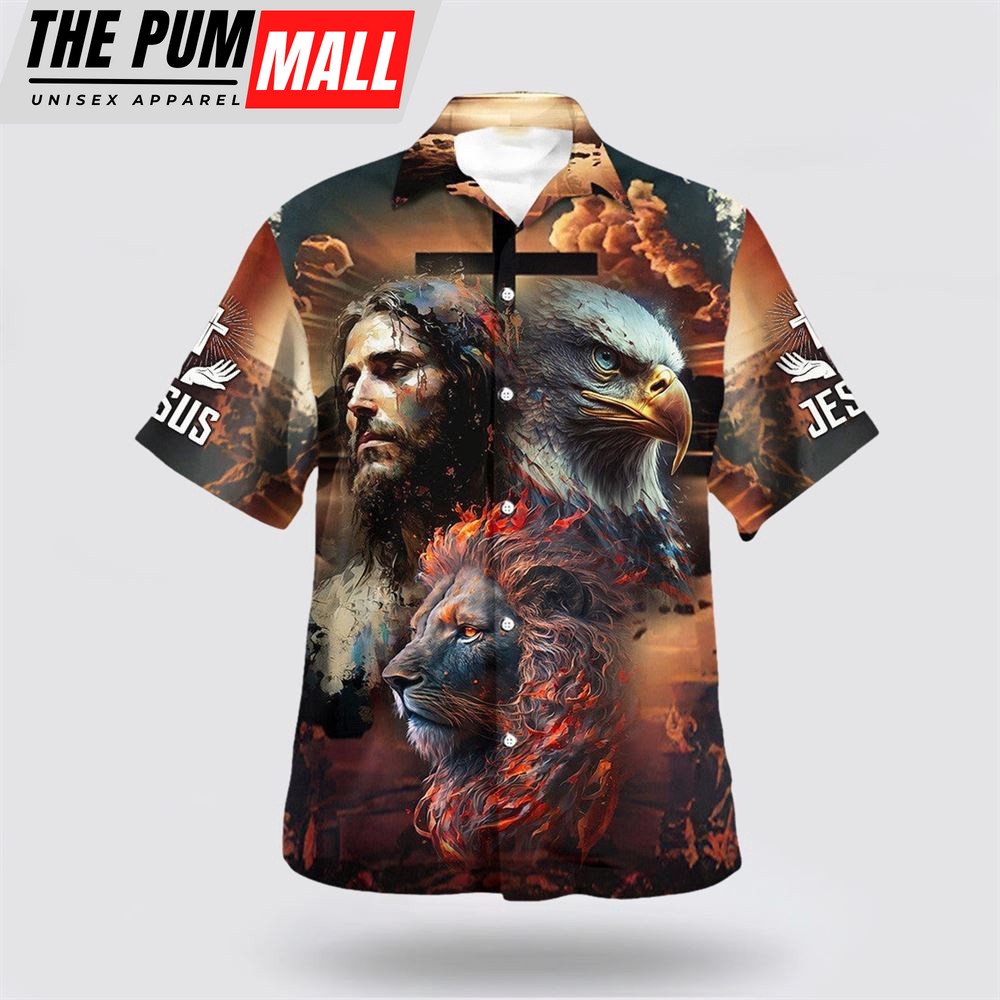 Christian Hawaiian Shirt, Jesus Lion Eagle Face Hawaiian Shirt, Christian Clothing Hawaii