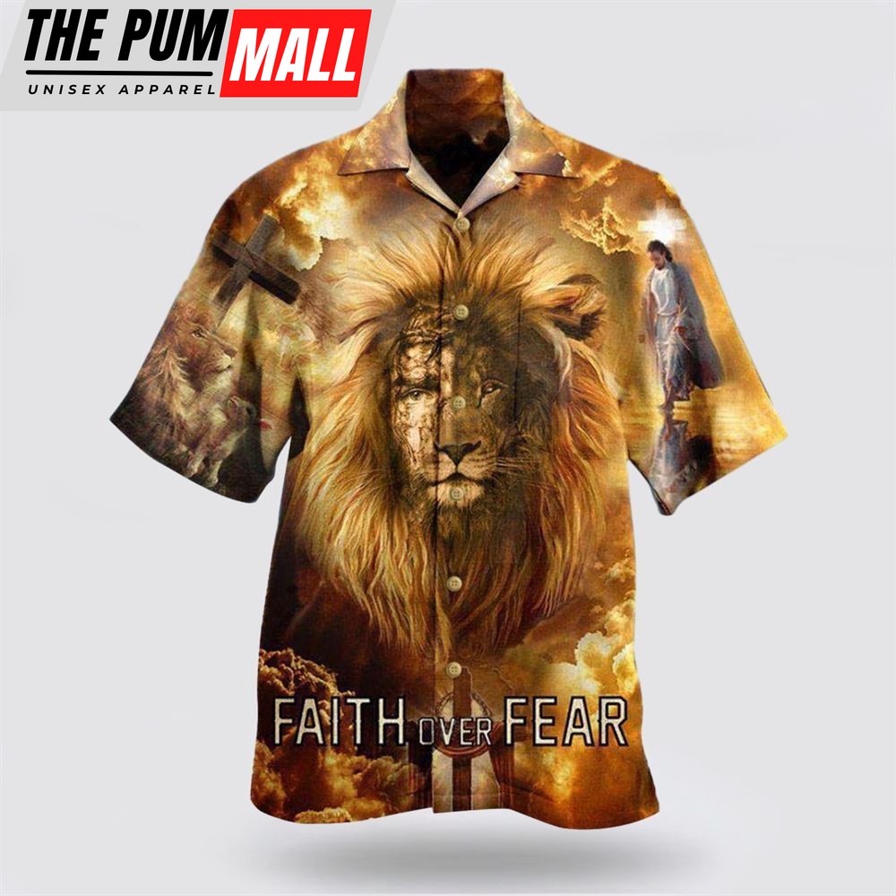 Christian Hawaiian Shirt, Jesus Lion Faith Over Fear Psalms Hawaiian Shirts, Christian Clothing Hawaii