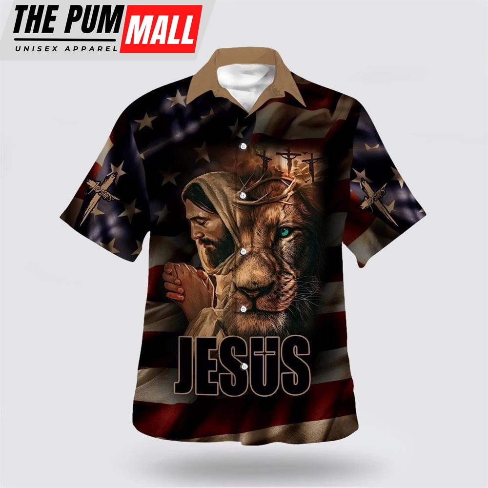 Christian Hawaiian Shirt, Jesus Lion Of Judah American Flag Hawaiian Shirts, Christian Clothing Hawaii