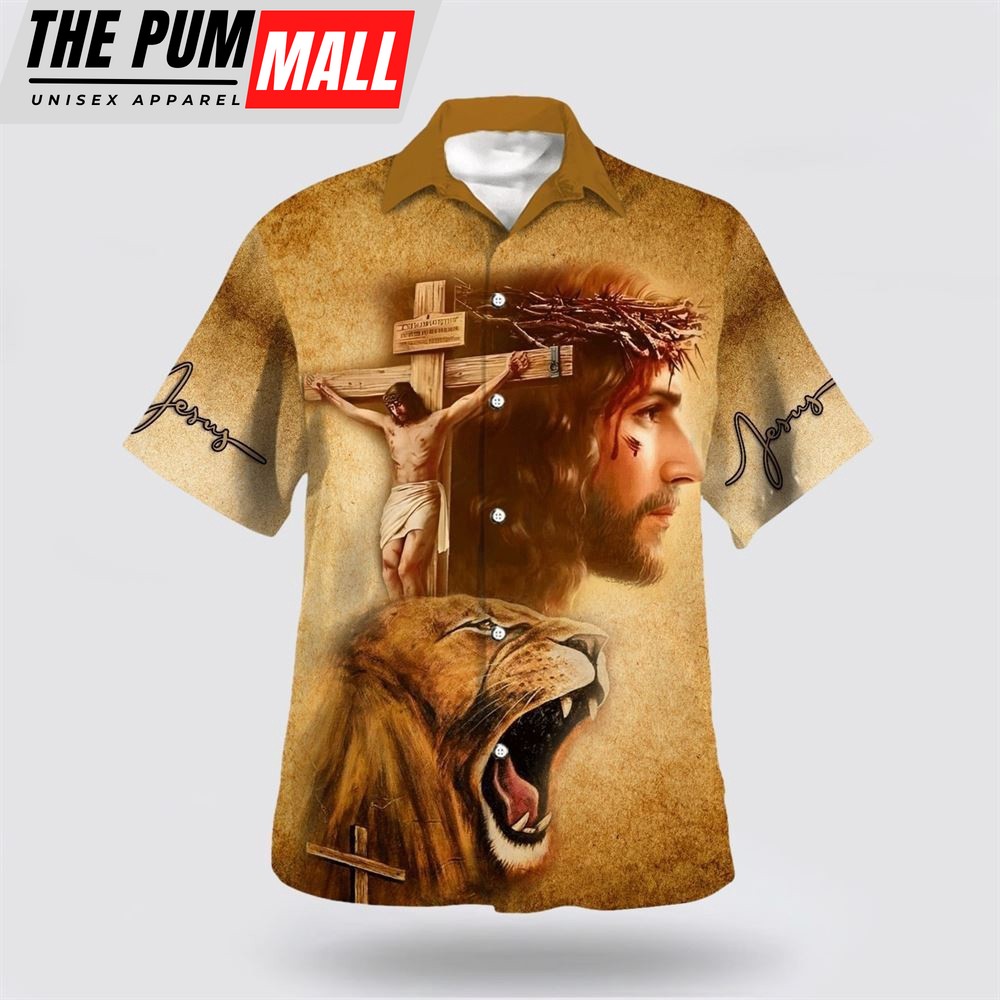 Christian Hawaiian Shirt, Jesus On The Cross Lion Of Judah Hawaiian Shirt, Christian Clothing Hawaii