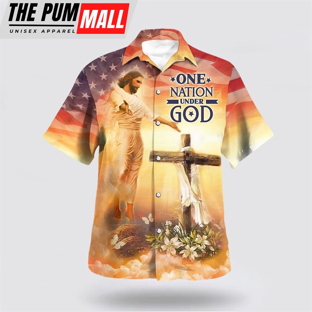 Christian Hawaiian Shirt, Jesus Open Arms Easter Cross One Nation Under God Hawaiian Shirts, Christian Clothing Hawaii