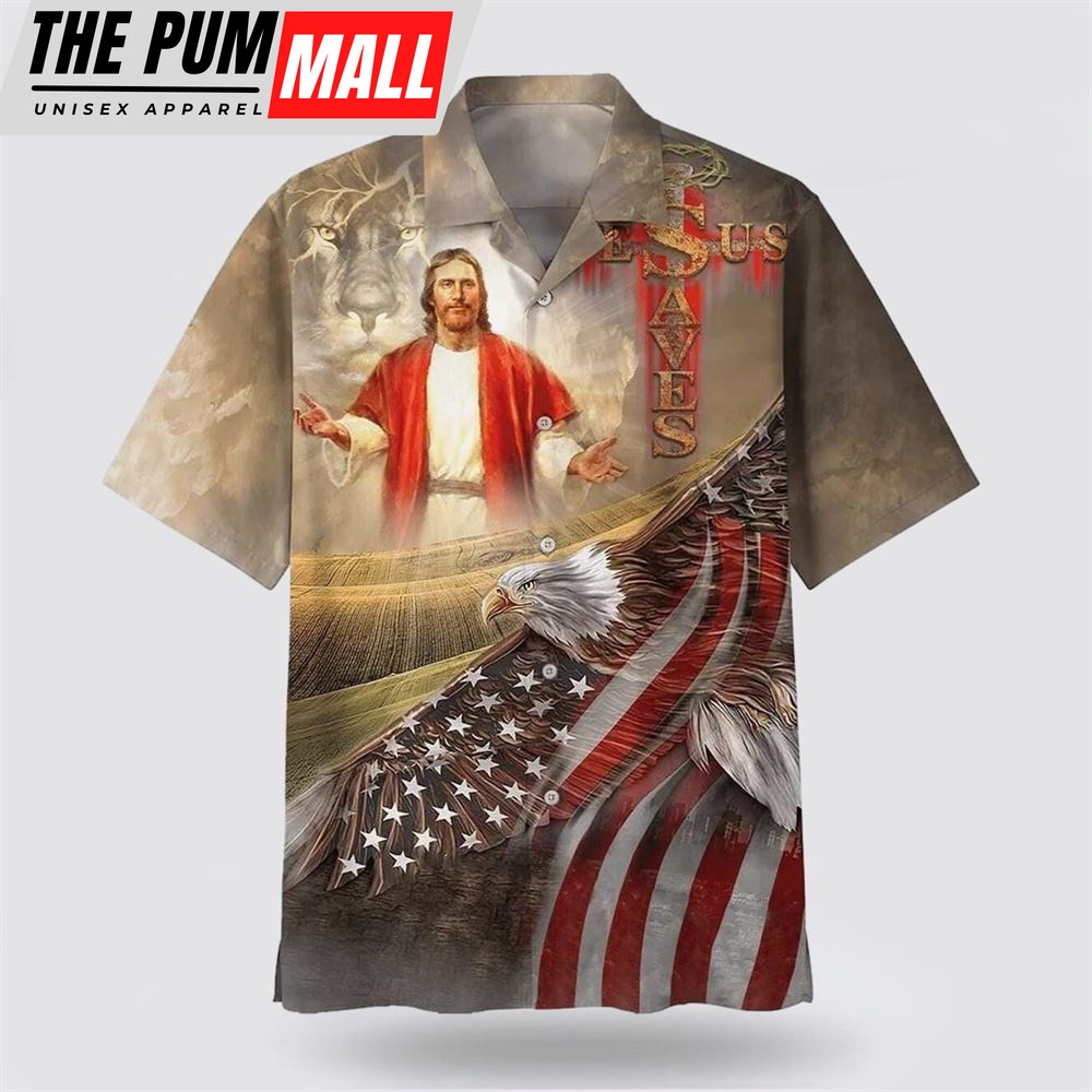 Christian Hawaiian Shirt, Jesus Open Hand And The Lion Christian Jesus Saves, Christian Clothing Hawaii
